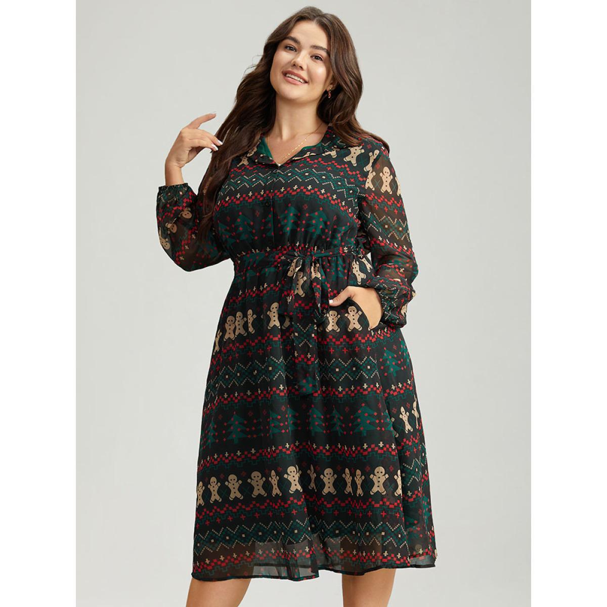 Plus Size Christmas Button Through Belted Mesh Patchwork Dress Cyan Women Office Elastic cuffs Shirt collar Long Sleeve Curvy Midi Dress BloomChic 10/M Product Image