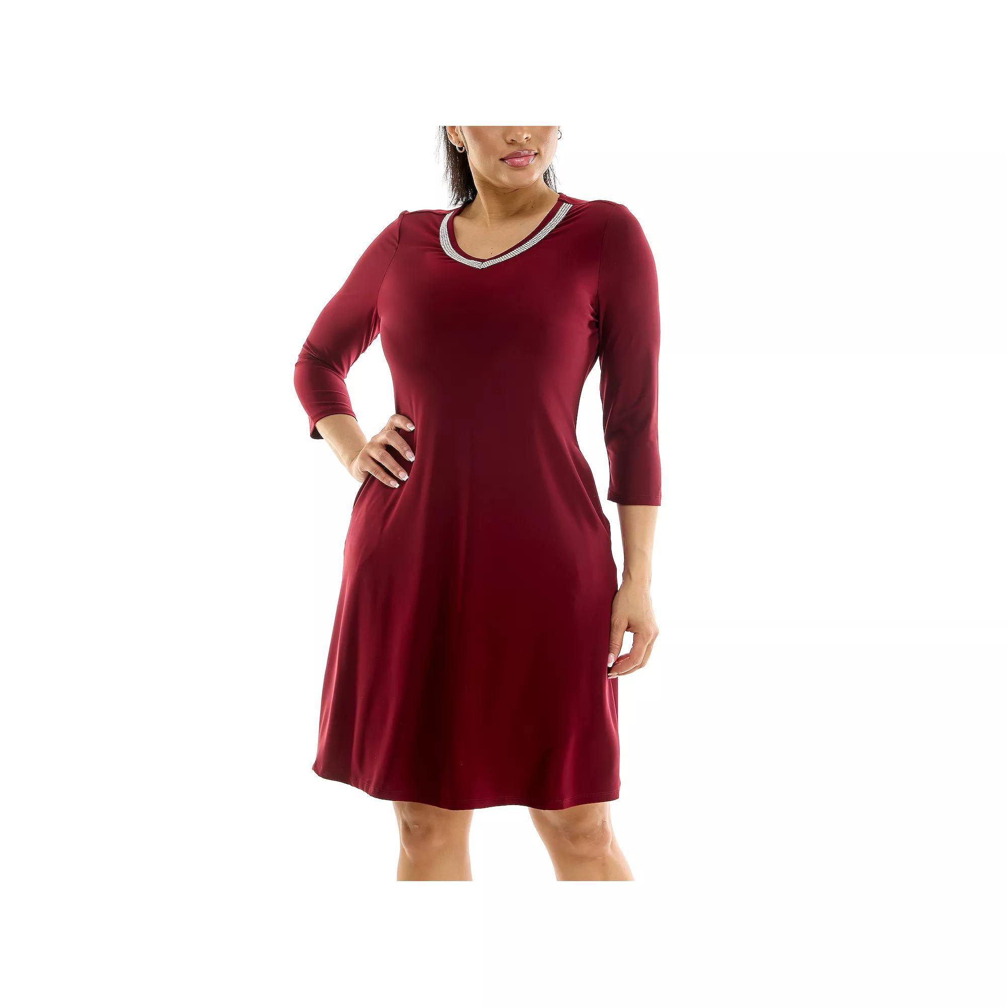 Women's Nina Leonard Necklace Trim Pocket Dress, Size: XL, Red Product Image