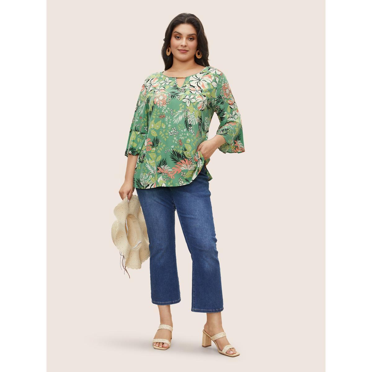 Plus Size Mint Tropical Print Keyhole Flutter Sleeve Blouse Women Resort Elbow-length sleeve Round Neck Vacation Blouses BloomChic 10/M Product Image