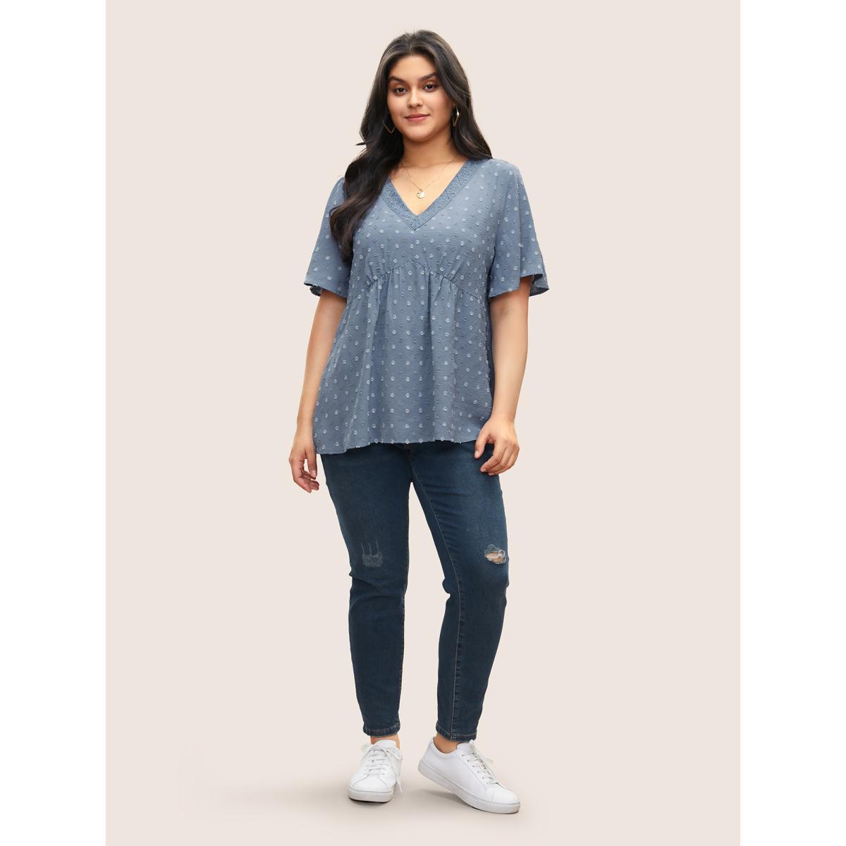 Plus Size Stone Polka Dot Textured Lace Panel Blouse Women Casual Short sleeve V-neck Everyday Blouses BloomChic 12/L Product Image
