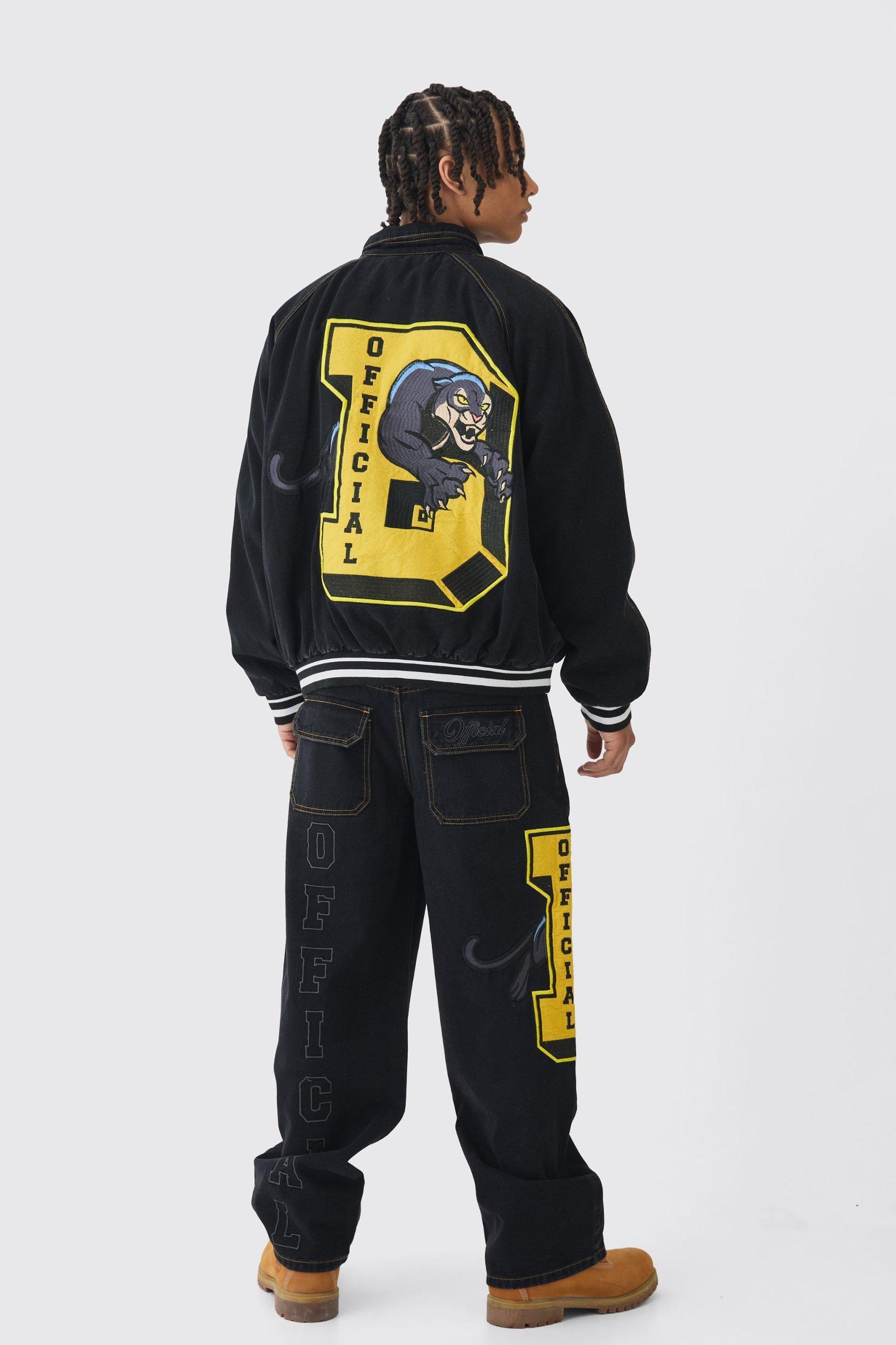 Oversized Denim Varsity Applique Bomber Jacket | boohooMAN USA Product Image