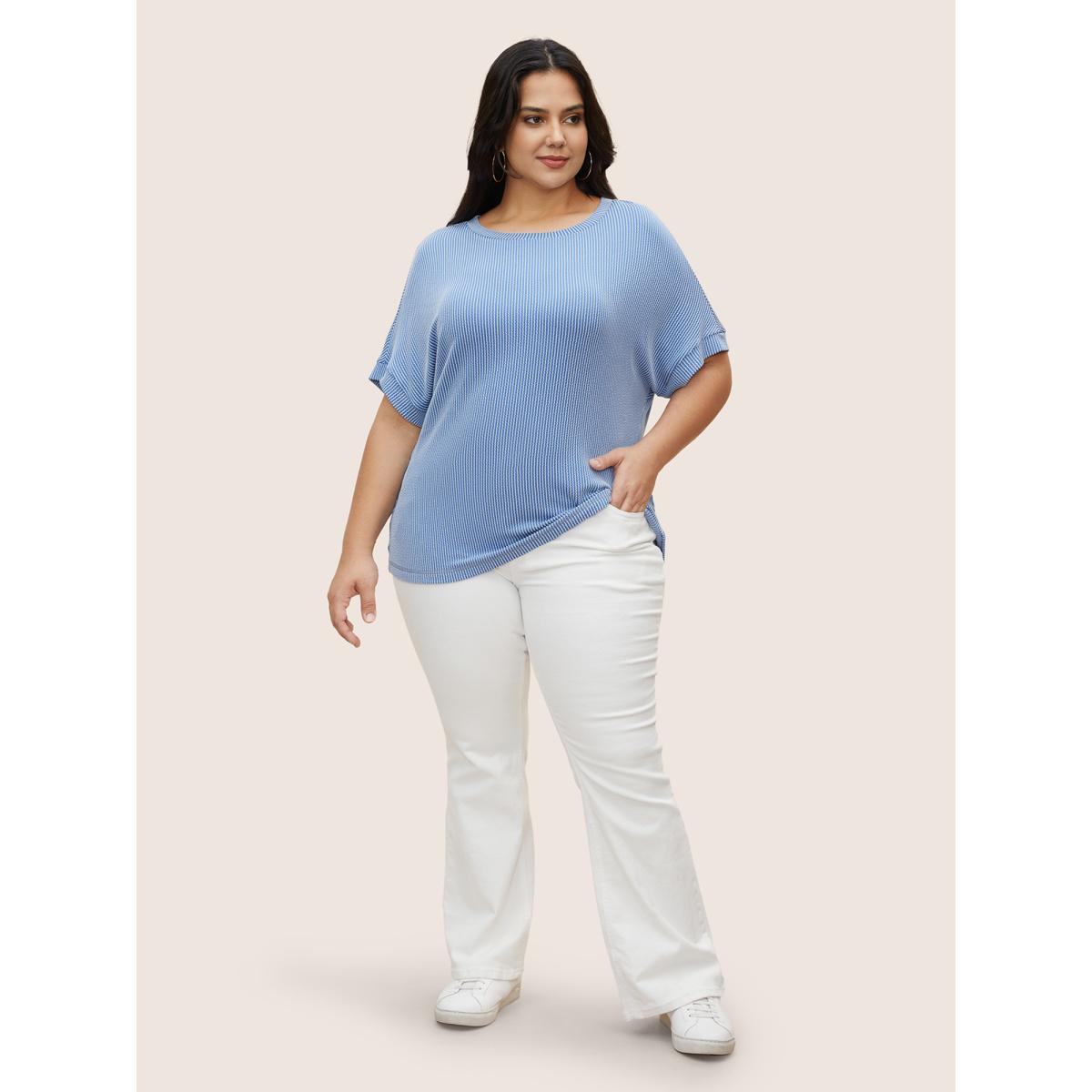 Plus Size Striped Round Neck Batwing Sleeve T-shirt Blue Women Casual Round Neck Everyday T-shirts BloomChic 10/M Product Image