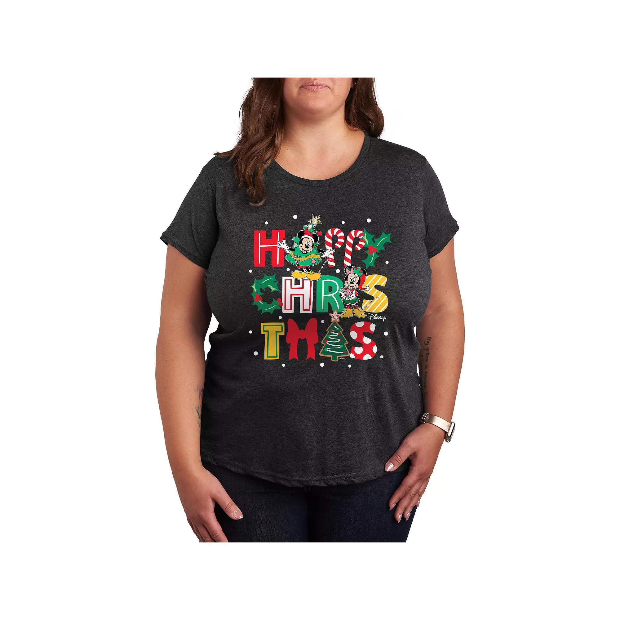 Disneys Mickey & Minnie Mouse Plus Size Happy Christmas Graphic Tee, Womens Heather Grey Product Image