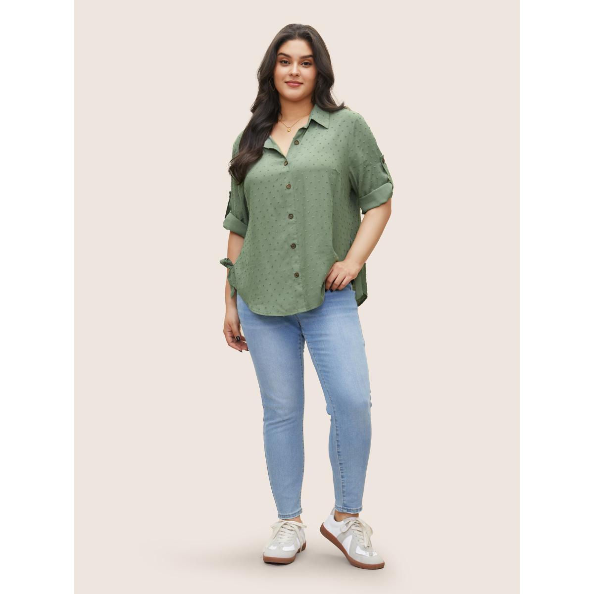 Plus Size Mint Solid Textured Ties Tab Sleeve Blouse Women At the Office Elbow-length sleeve Shirt collar Work Blouses BloomChic 10/M Product Image