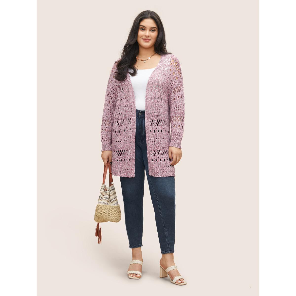 Plus Size Heather Hollow Out Drop Shoulder Cardigan Watermelon Women Casual Long Sleeve Everyday Cardigans BloomChic 18-20/2X Product Image