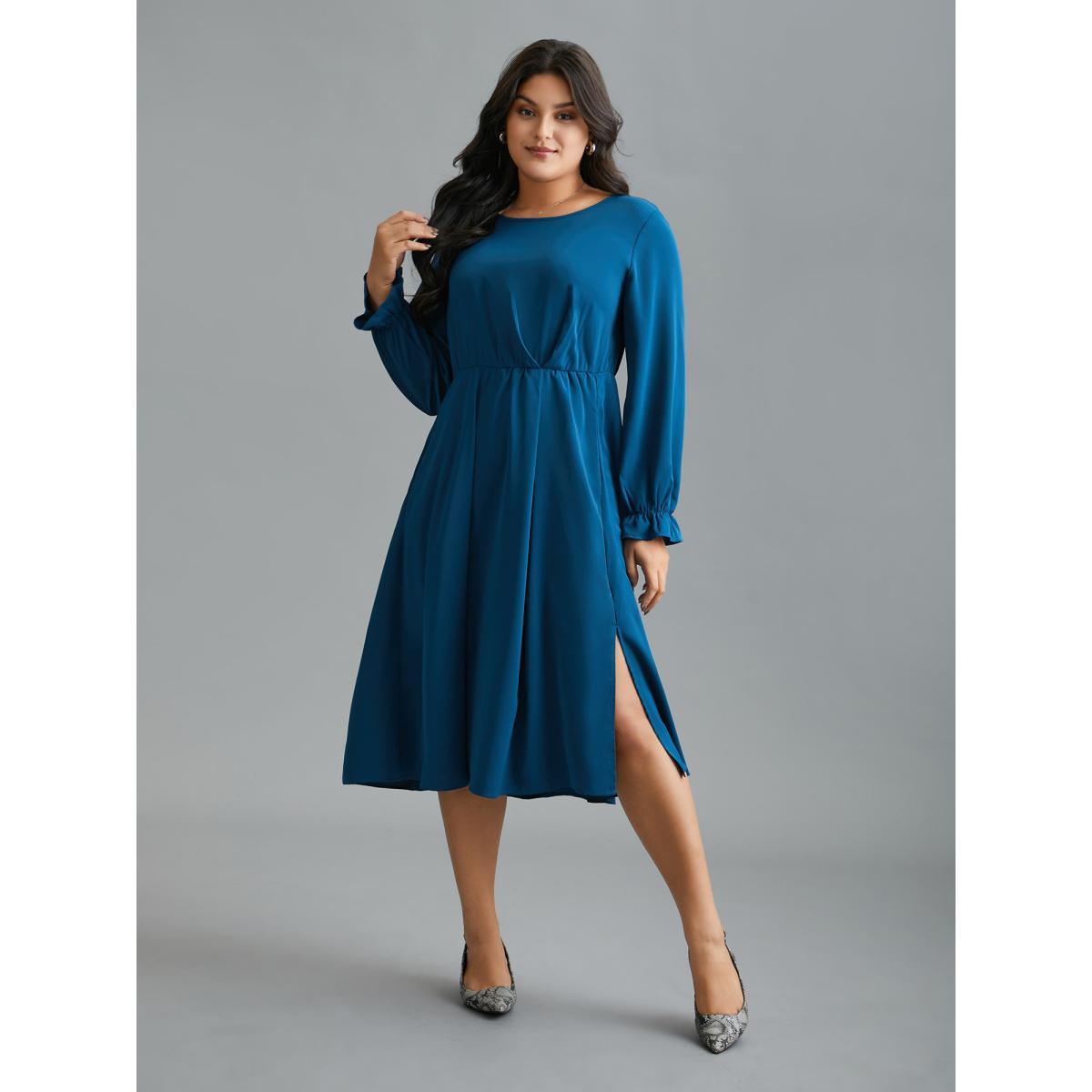 Plus Size Ruffle Cuff Elastic Waist Split Hem Dress Aegean Women At the Office Pleated Round Neck Long Sleeve Curvy BloomChic 12/L Product Image