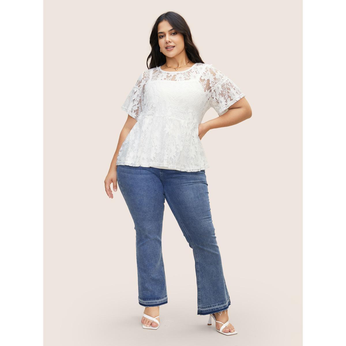 Plus Size Round Neck Crochet Lace Mesh T-shirt Originalwhite Women Elegant Cut-Out Round Neck Everyday T-shirts BloomChic 12/L Product Image