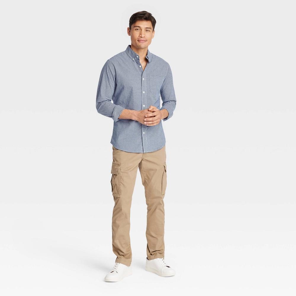 Men's Every Wear Long Sleeve Button-Down Shirt - Goodfellow & Co™ Navy Gingham XL: Cotton Blend, Slim Fit, Front Pocket Product Image