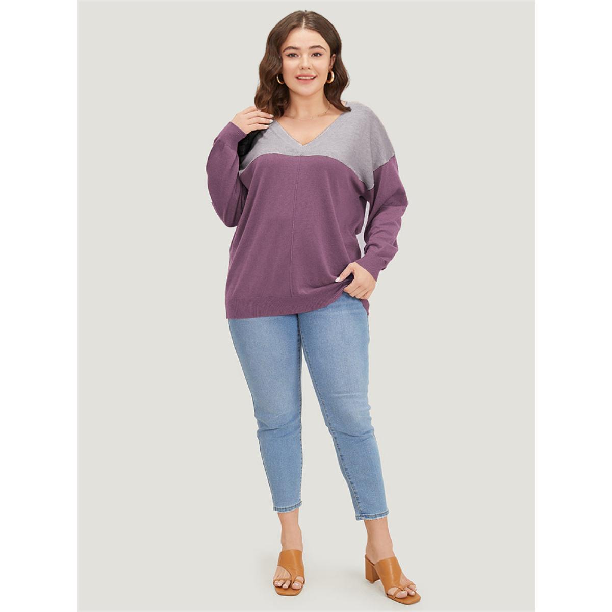 Plus Size Supersoft Essentials Colorblock Two Tone Patchwork V Neck Pullover Mauve Women Casual Loose Long Sleeve V-neck Dailywear Pullovers BloomChic 14-16/1X Product Image