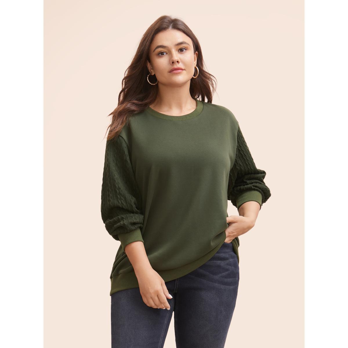 Plus Size Texture Patchwork Drop Shoulder Sleeve Sweatshirt Women DarkGreen Casual Texture Round Neck Everyday Sweatshirts BloomChic 26/4X Product Image