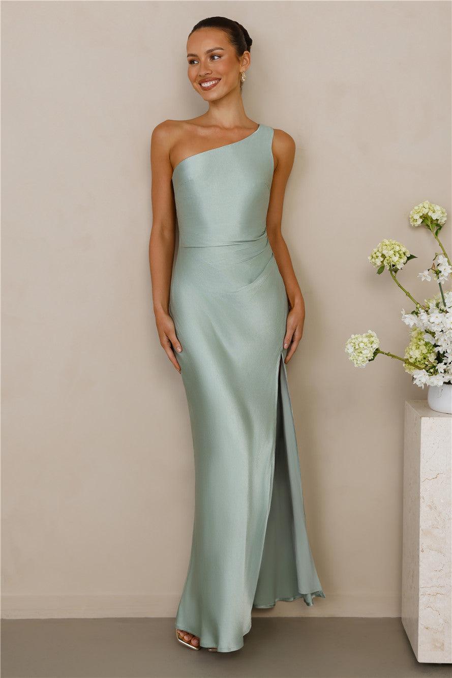 The Aurora One Shoulder Satin Maxi Dress Sage Product Image