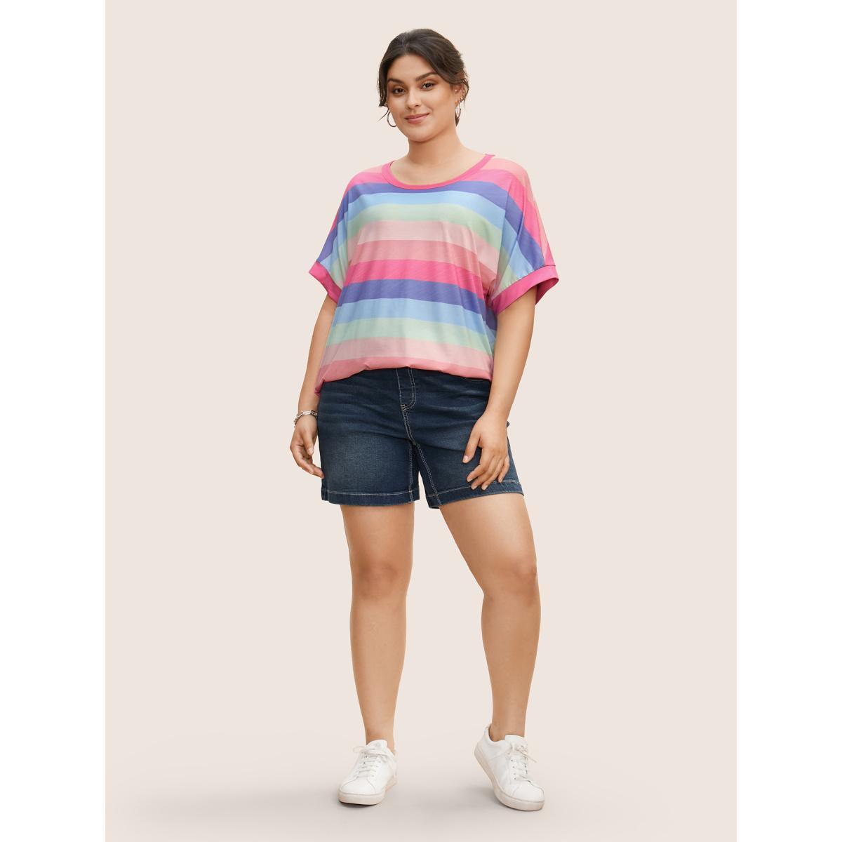 Plus Size Colored Striped Crew Neck Batwing Sleeve T-shirt Crepe Women Casual Contrast Round Neck Everyday T-shirts BloomChic 12/L Product Image