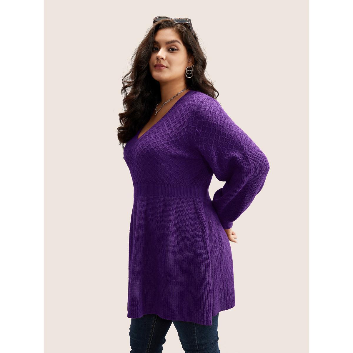 Plus Size Plain Plisse Lantern Sleeve A Line Pullover Eggplant Women Elegant Long Sleeve V-neck Everyday Pullovers BloomChic 10/M Product Image