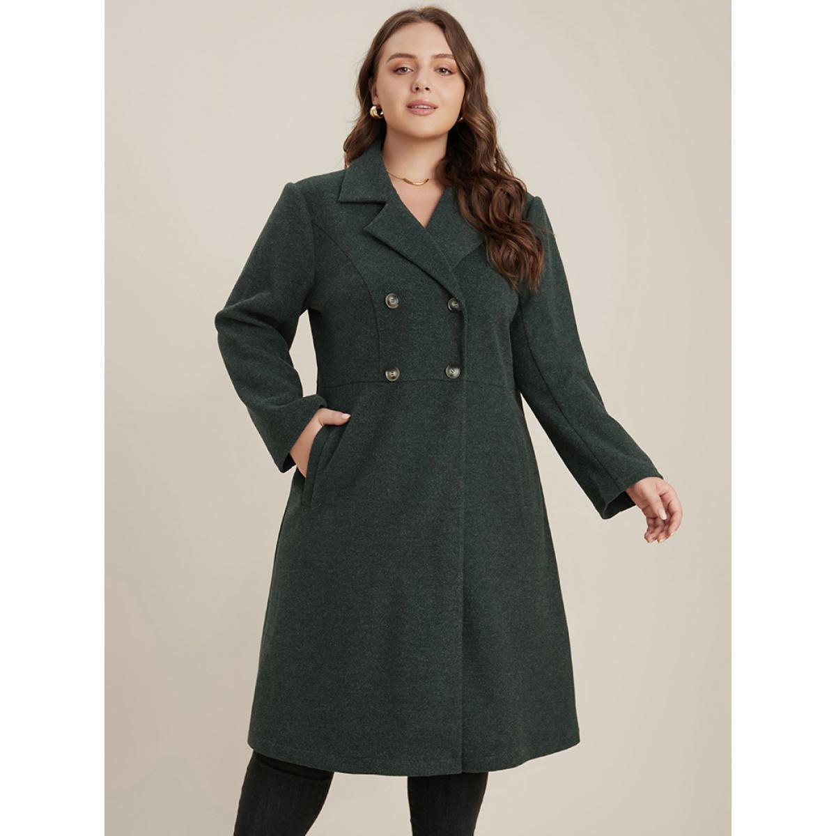 Plus Size Solid Pocket Double Breasted Heather Overlap Collar Coat Women DarkGreen Casual Plain Bodycon Ladies Dailywear Winter Coats BloomChic 28/5X Product Image