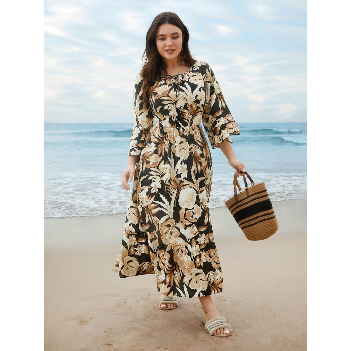 Plus Size Tropical Leaf Print Neck-Tie Tiered Midi Dress Black Women Resort Tie knot Round Neck Elbow-length sleeve Curvy BloomChic 12/L Product Image