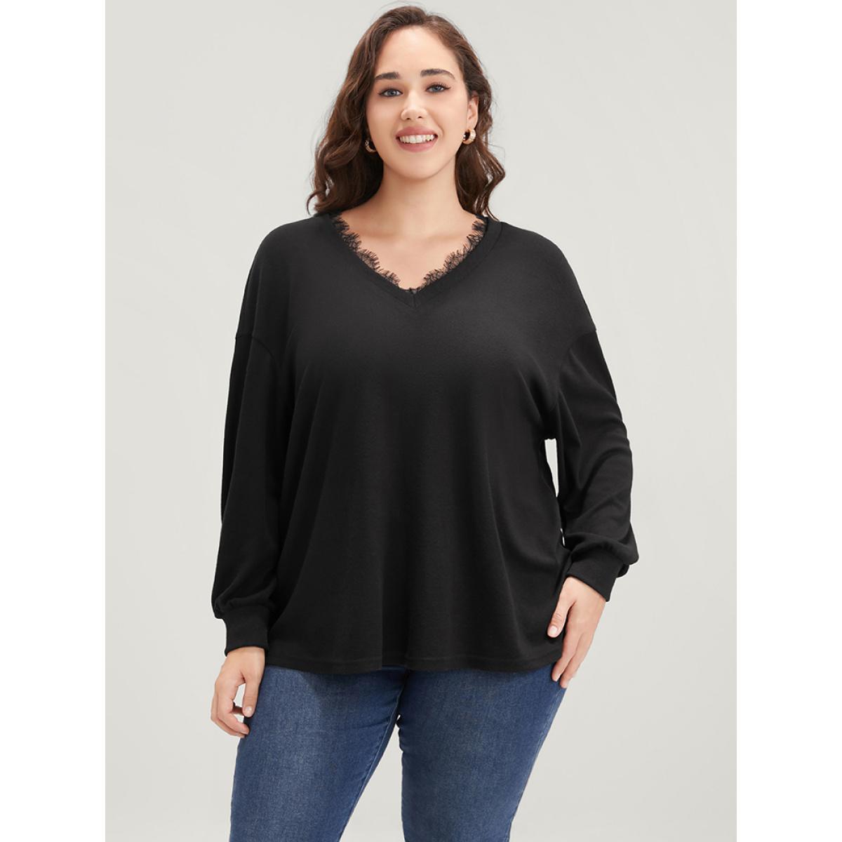 Plus Size Solid V Neck Lace Trim Drop Shoulder Sweatshirt Women Black Elegant Lace V-neck Dailywear Sweatshirts BloomChic 26/4X Product Image