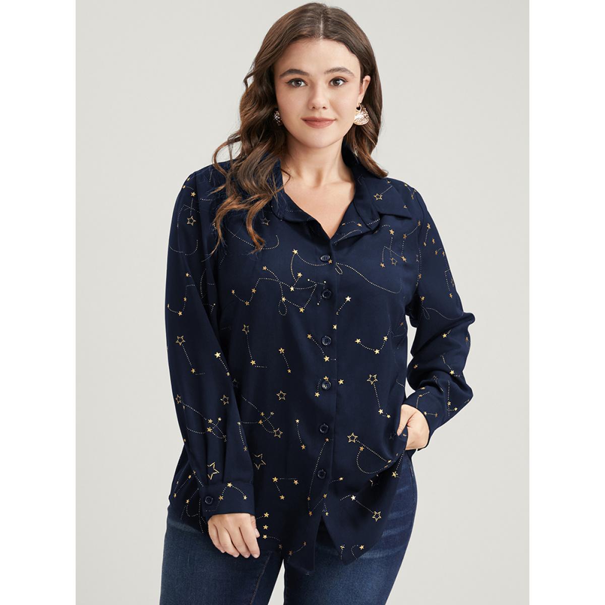 Plus Size Navy Star Print Button Up Arc Hem Blouse Women Party Long Sleeve Shirt collar Going out Blouses BloomChic 26/4X Product Image
