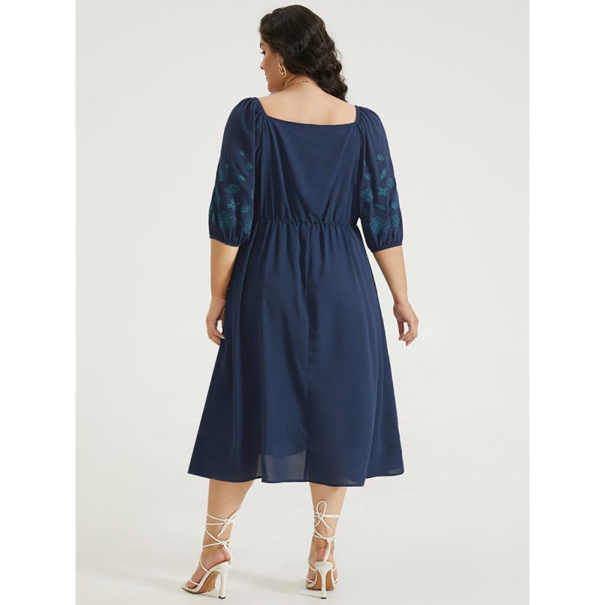 Plus Size Floral Embroidered Pocket Square Neck Lantern Sleeve Dress Indigo Women Elegant Elastic cuffs Square Neck Half Sleeve Curvy Midi Dress BloomChic 22-24/3X Product Image