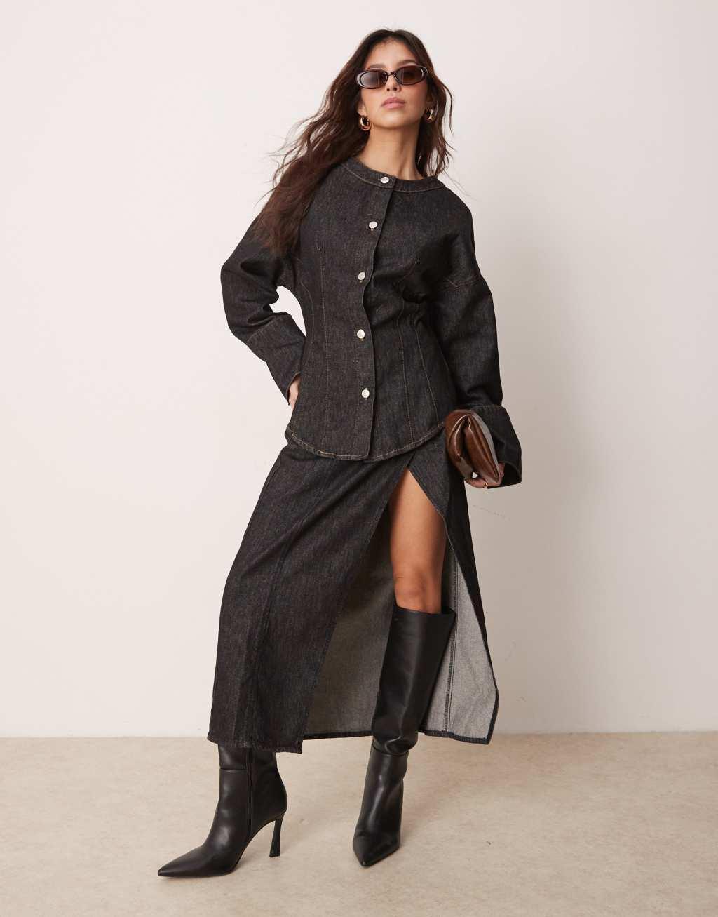 ASOS DESIGN denim cinch shirt in black ecru Product Image
