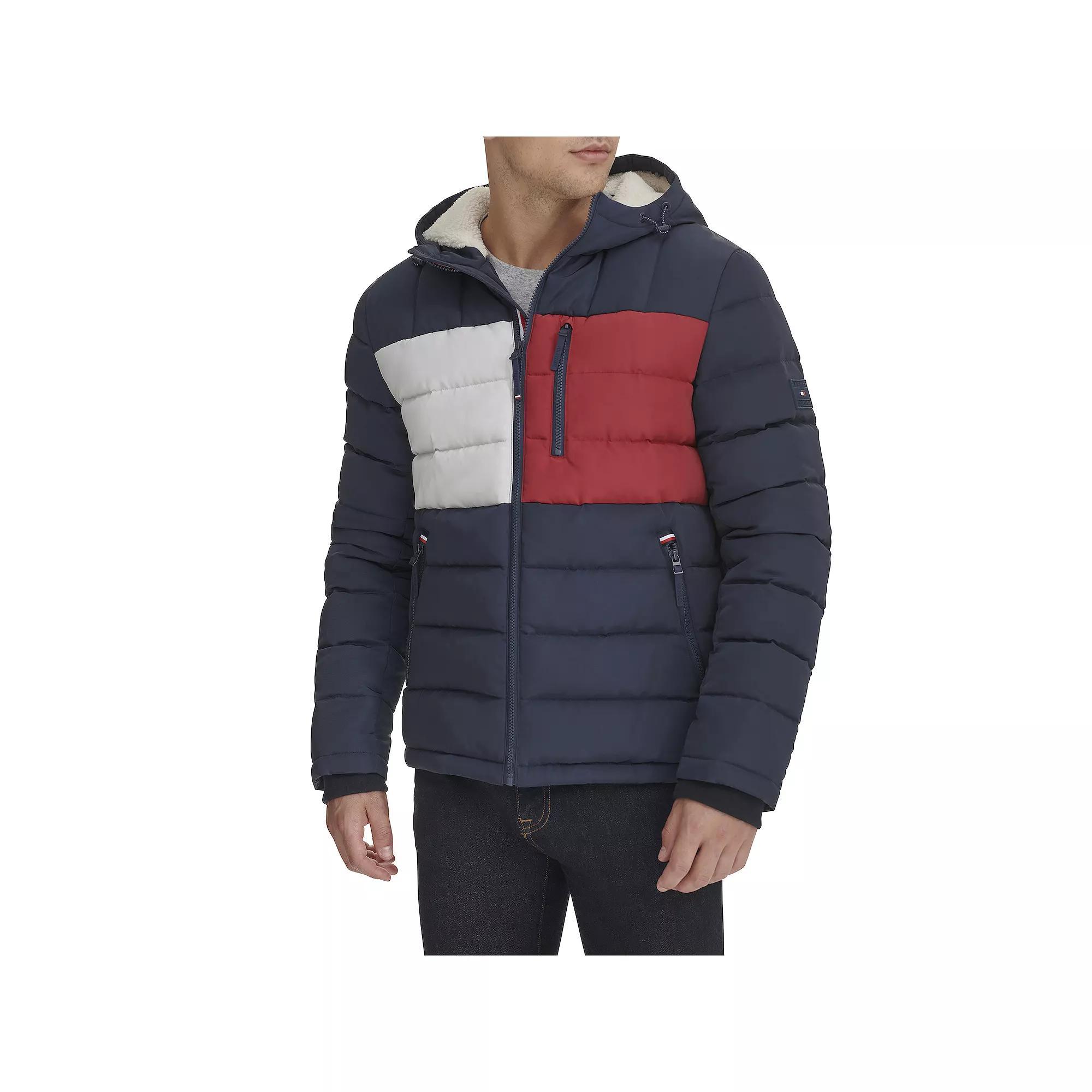 Men's Tommy Hilfiger Hooded Puffer Jacket with Sherpa Lined Hood, Size: Medium, Blue Colorblock Product Image