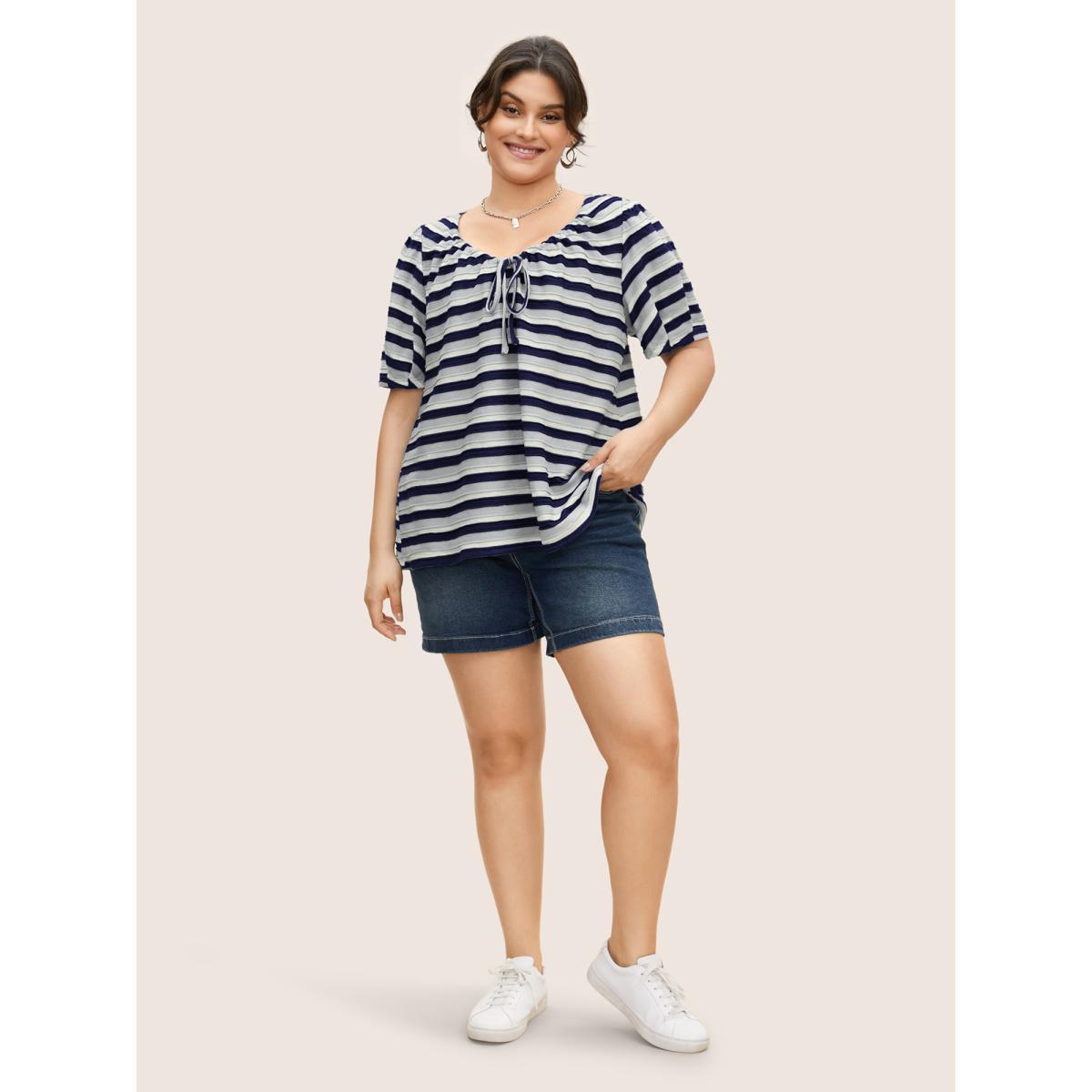 Plus Size V Neck Textured Striped Tie Knot T-shirt Midnight Women Casual Texture V-neck Everyday T-shirts BloomChic 30/6X Product Image
