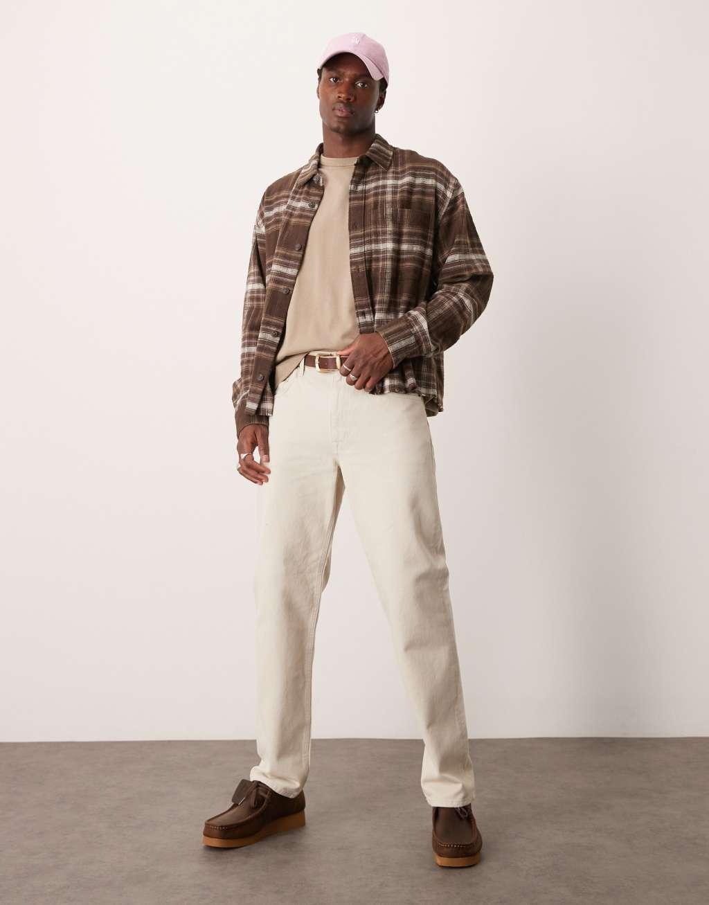 Abercrombie & Fitch cropped slub flannel plaid overshirt in brown Product Image