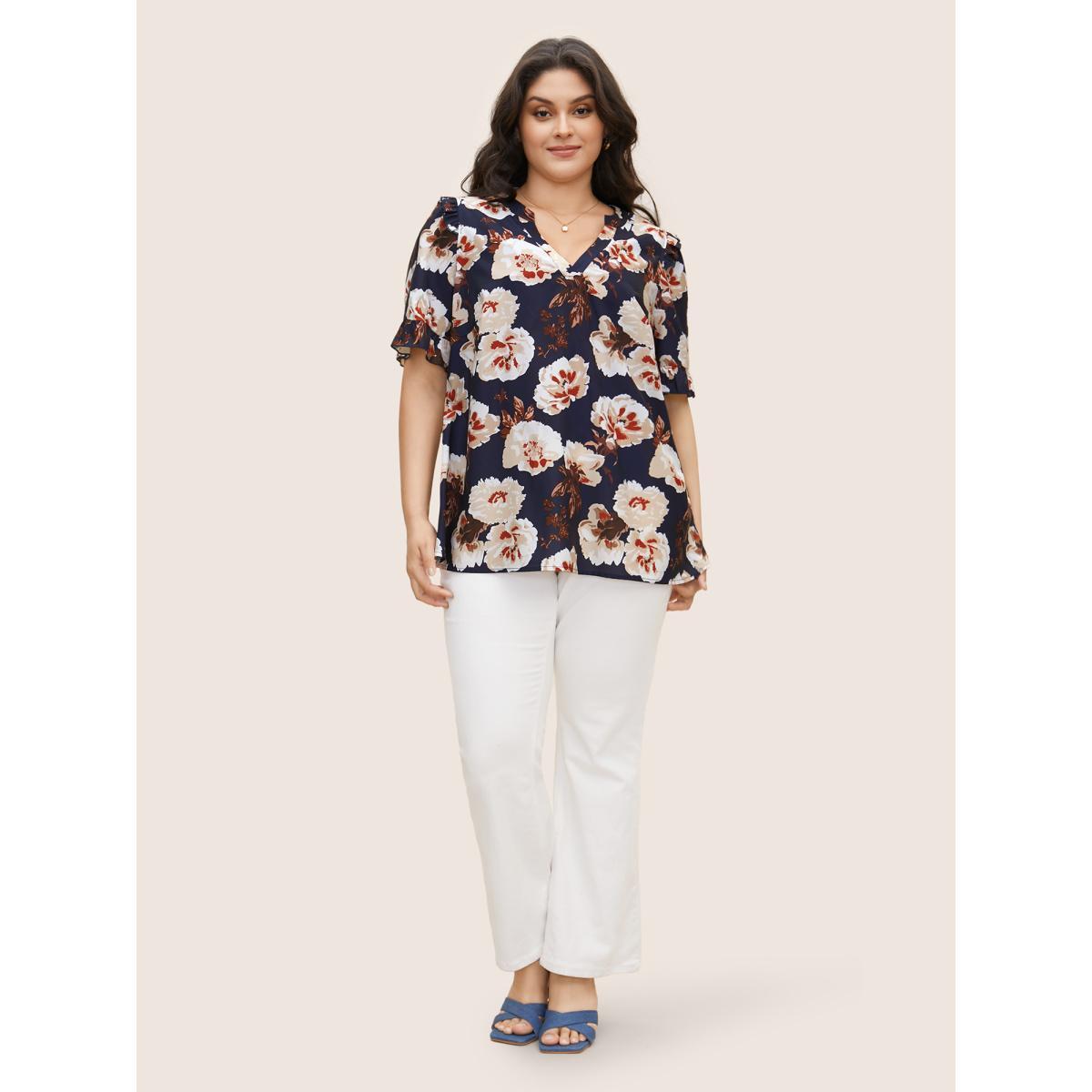 Plus Size Indigo Floral Notched Collar Ruffle Trim Blouse Women Elegant Short sleeve Flat collar with V-notch Everyday Blouses BloomChic 28/5X Product Image