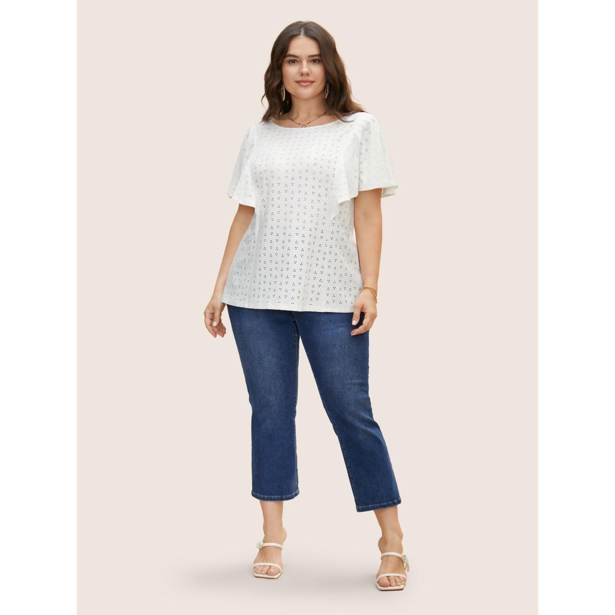 Plus Size Round Neck Texture Cut Out Ruffle Sleeve T-shirt Originalwhite Women Elegant Texture Round Neck Everyday T-shirts BloomChic 28/5X Product Image
