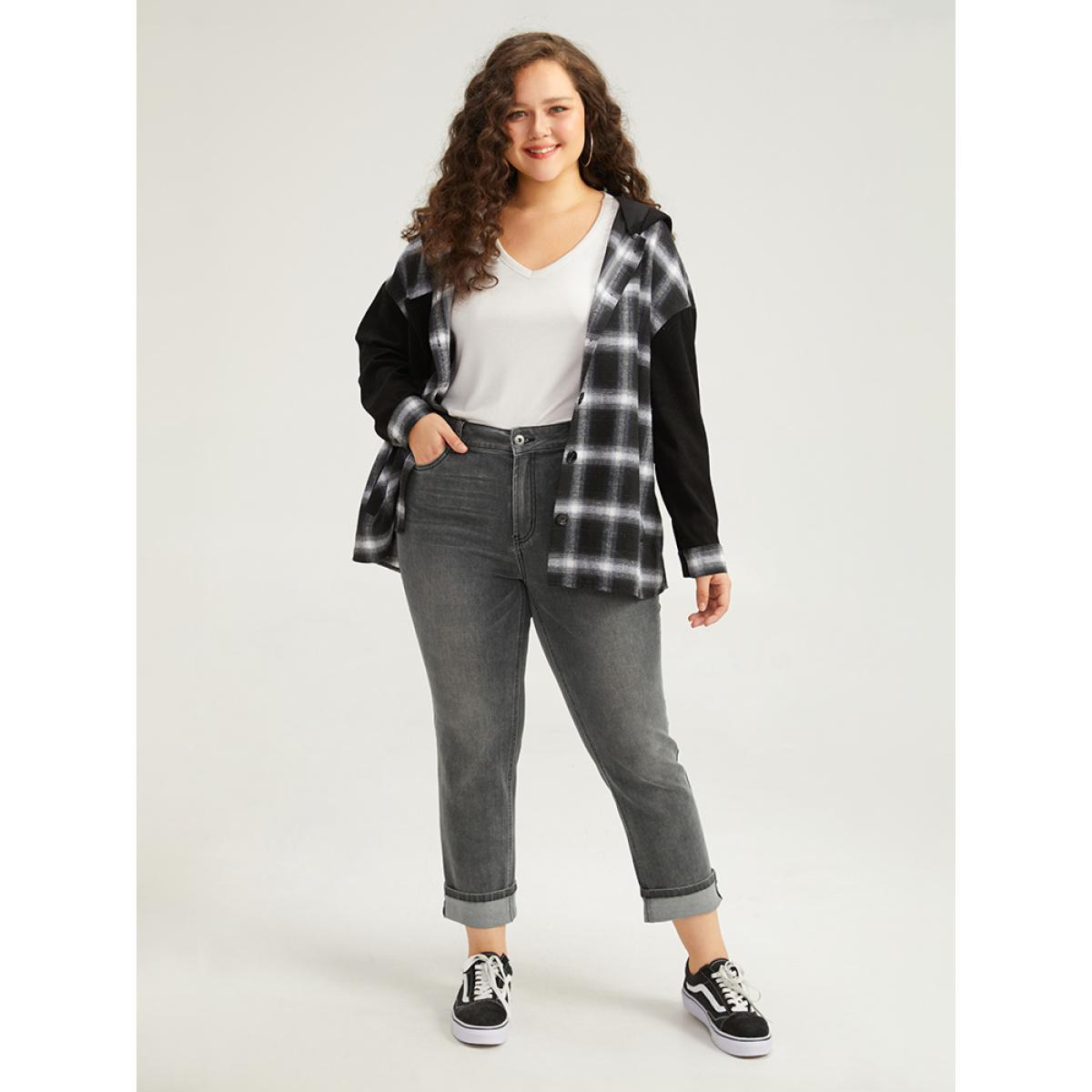 Plus Size Solid Roll Hem Black Wash Jeans Women LightGray Casual Plain Roll Hem High stretch Pocket Jeans BloomChic 22/3X Product Image