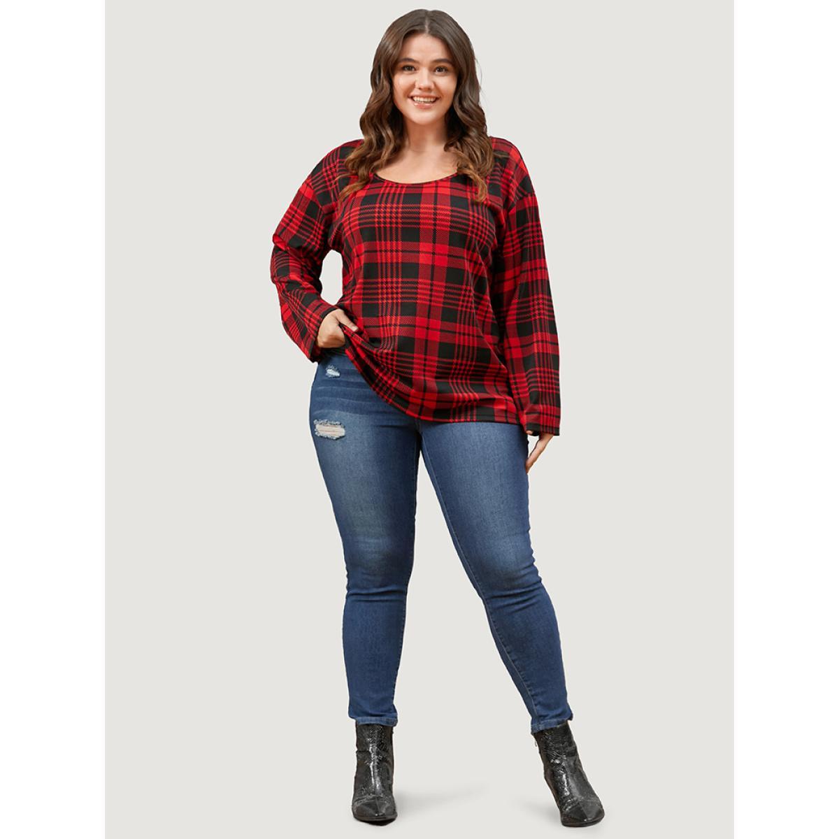 Plus Size Plaid Round Neck Bell Sleeve Sweatshirt Women Scarlet Elegant Round Neck Dailywear Sweatshirts BloomChic 26/4X Product Image