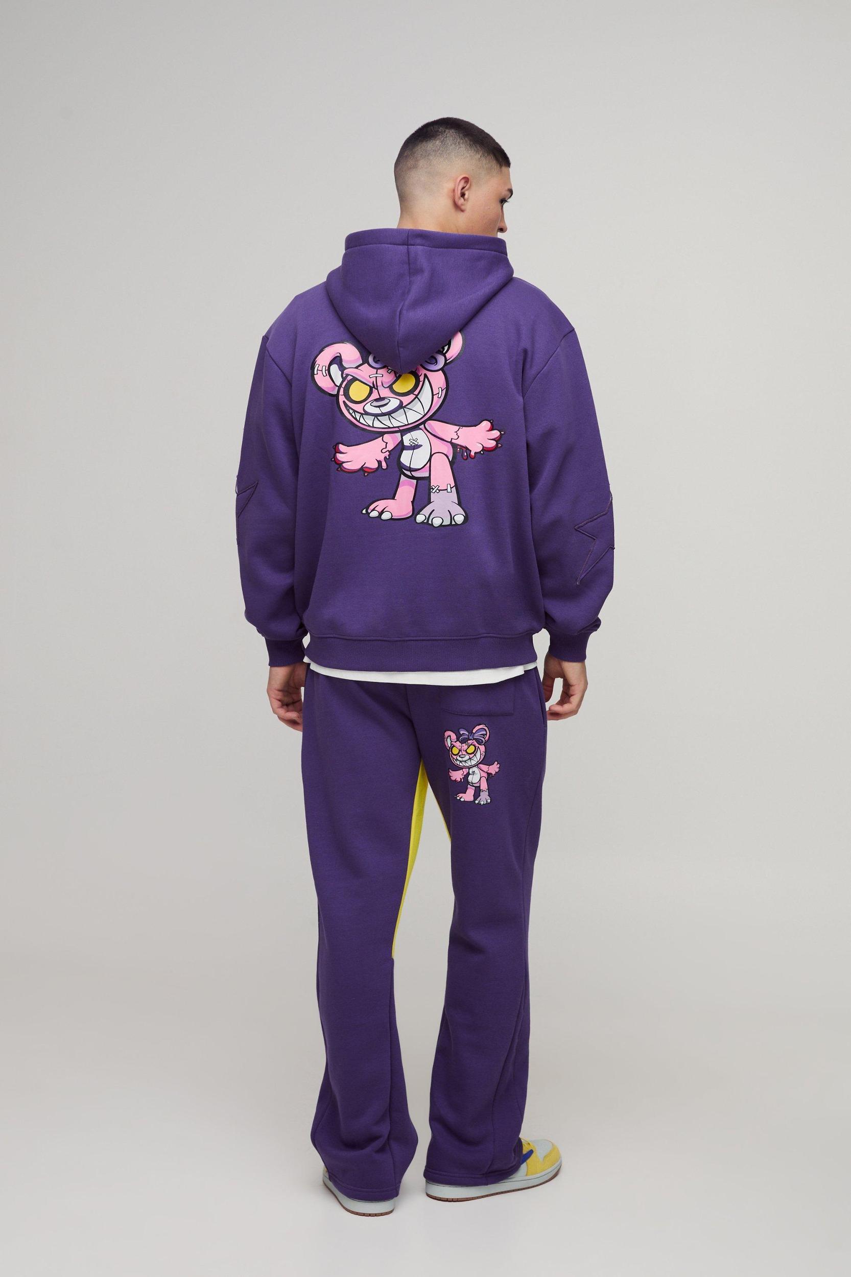 Oversized Zip Through Evil Teddy Printed Applique Hooded Tracksuit | boohooMAN USA Product Image