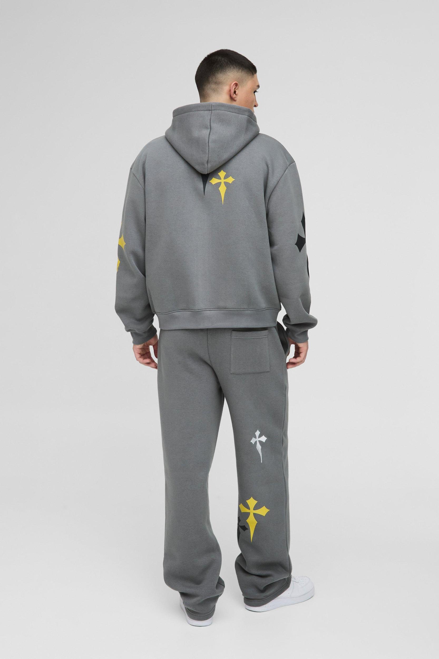 Oversized Boxy Cross Embroidered Printed Zip Through Hoodie | boohooMAN USA Product Image