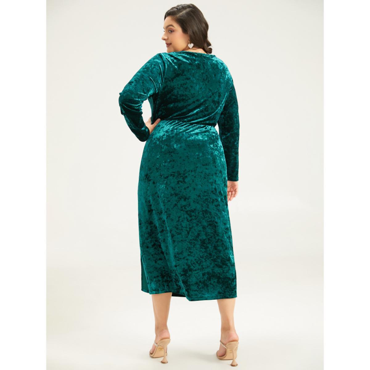 Plus Size Velvet Solid Ruched Long Sleeve Dress DarkGreen Women Glamour Gathered V-neck Long Sleeve Curvy Midi Dress BloomChic 22-24/3X Product Image