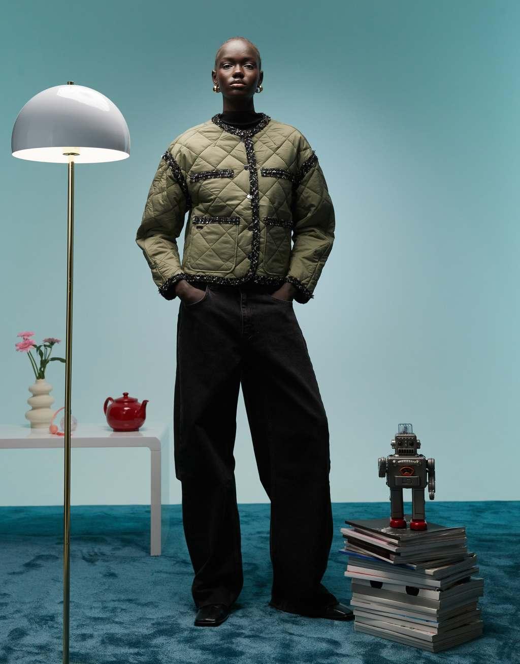 BIMBA Y LOLA lightweight puffer jacket with contrast trim in khaki Product Image