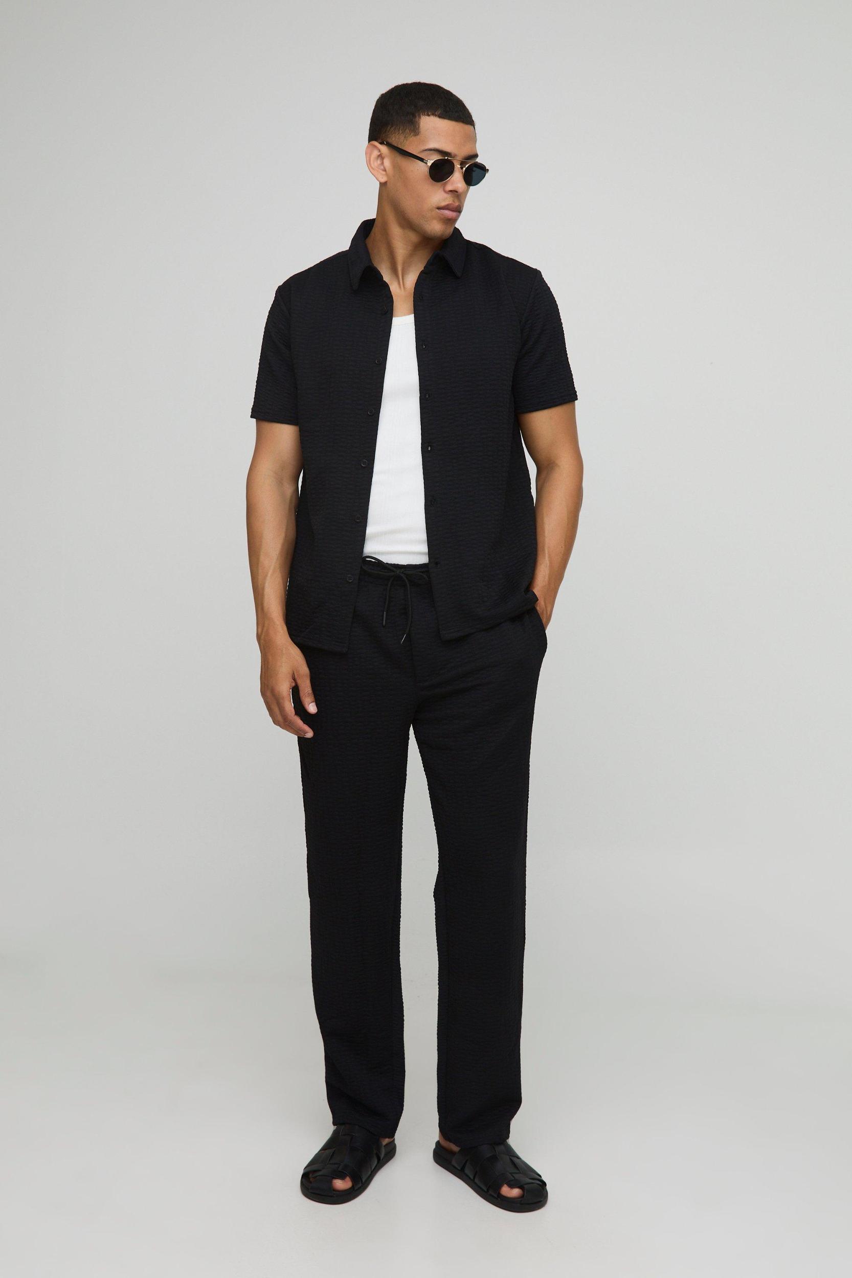 Short Sleeve Textured Stretch Shirt And Trousers Set | boohooMAN USA Product Image