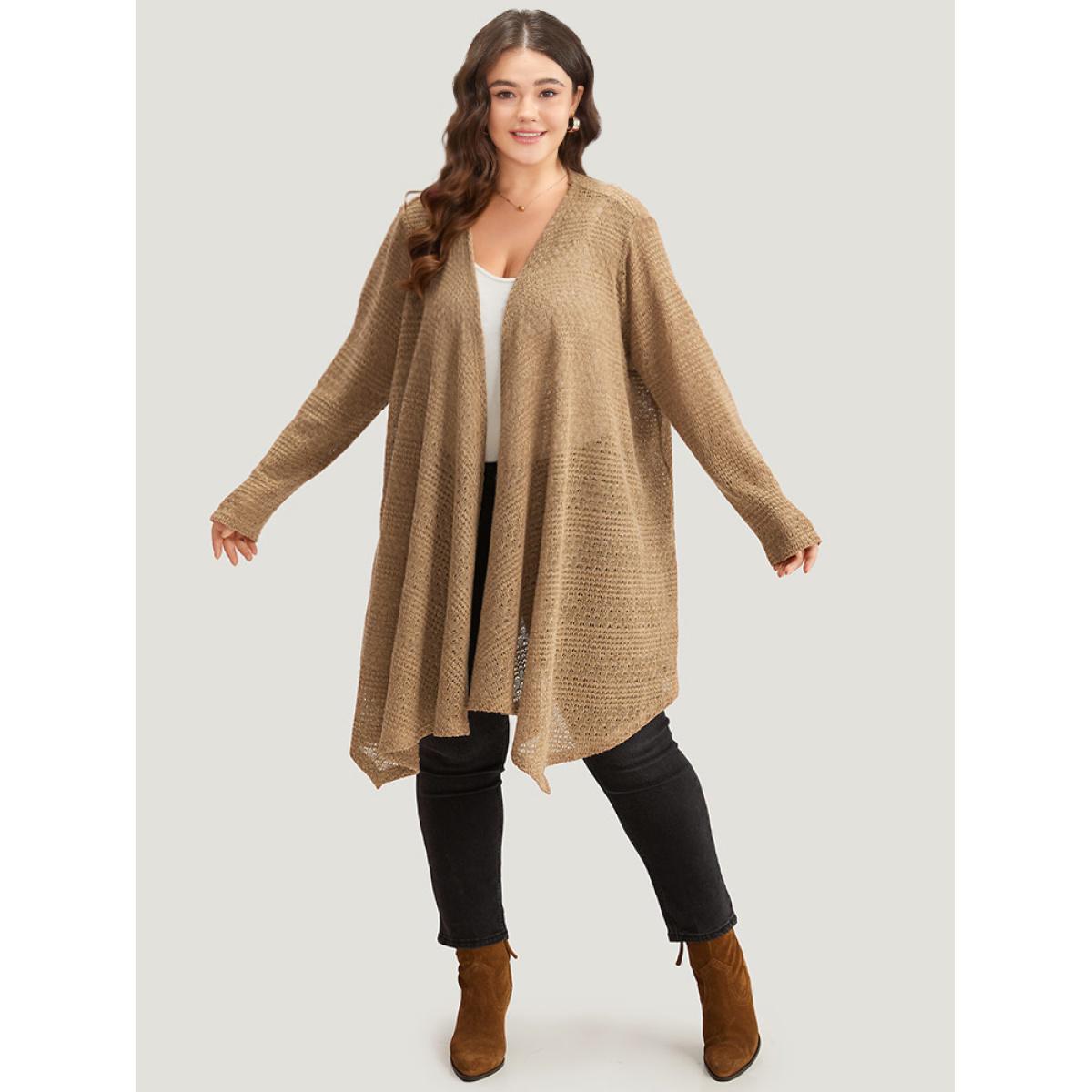 Plus Size Plain Texture Asymmetrical Hem Drape Kimono Women Tan Casual Drape Everyday Kimonos BloomChic 26/4X Product Image