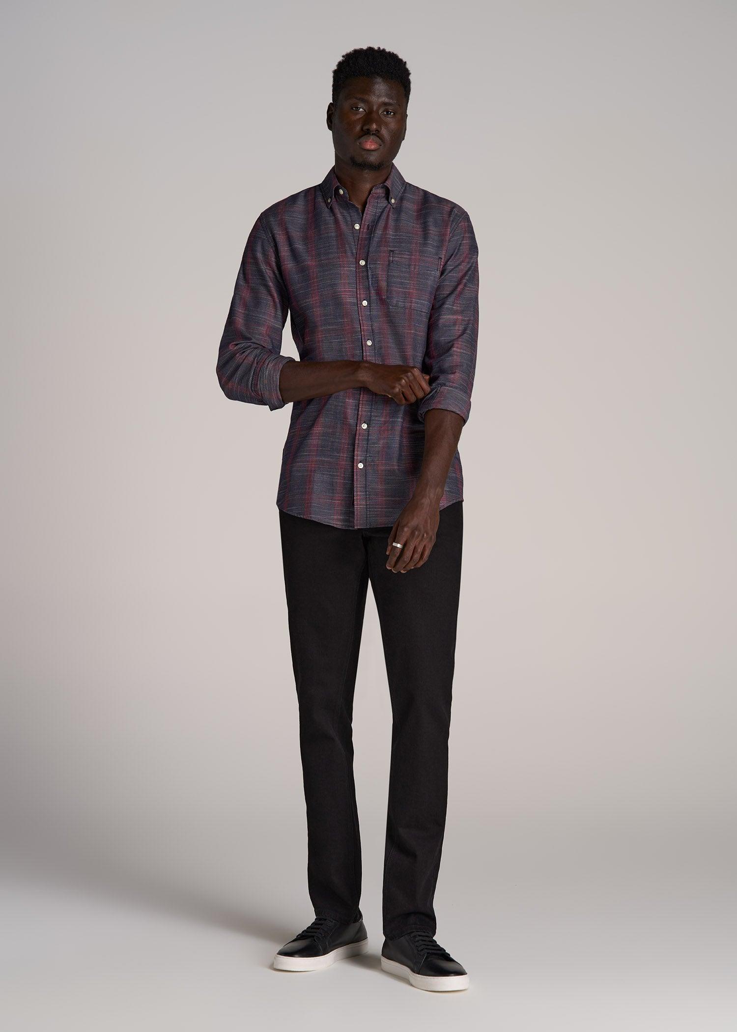Textured Weave Cotton Button-Up Shirt for Tall Men in Red Plaid Product Image