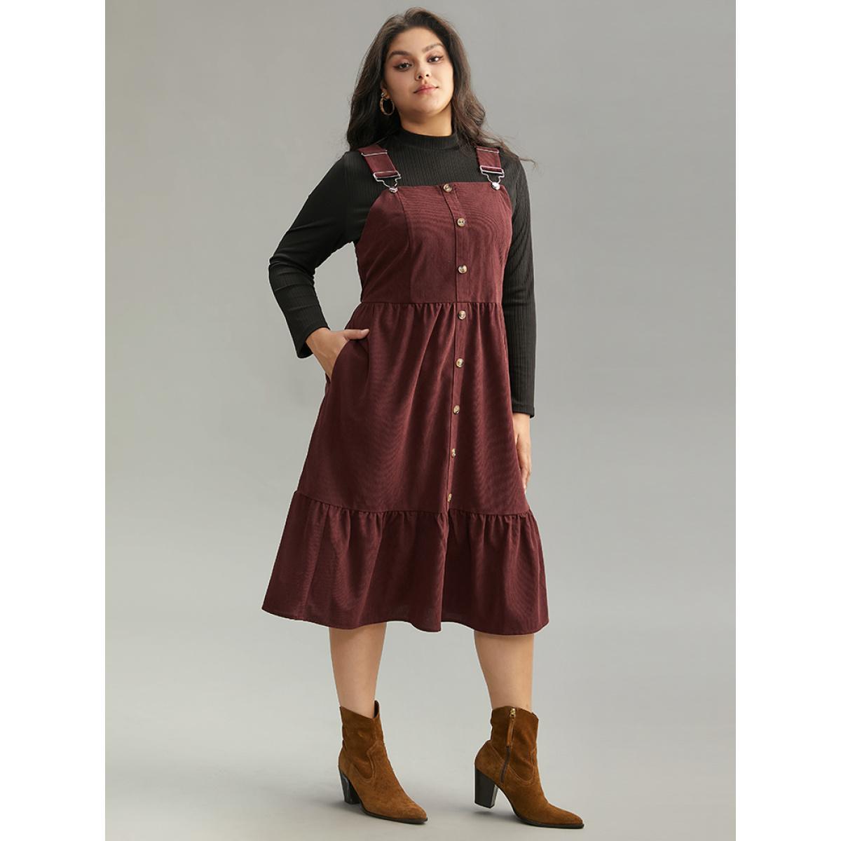 Plus Size Corduroy Button Detail Ruffles Adjustable Straps Dress Chocolate Women Casual Adjustable Straps Spaghetti Strap Sleeveless Curvy Midi Dress BloomChic 10/M Product Image