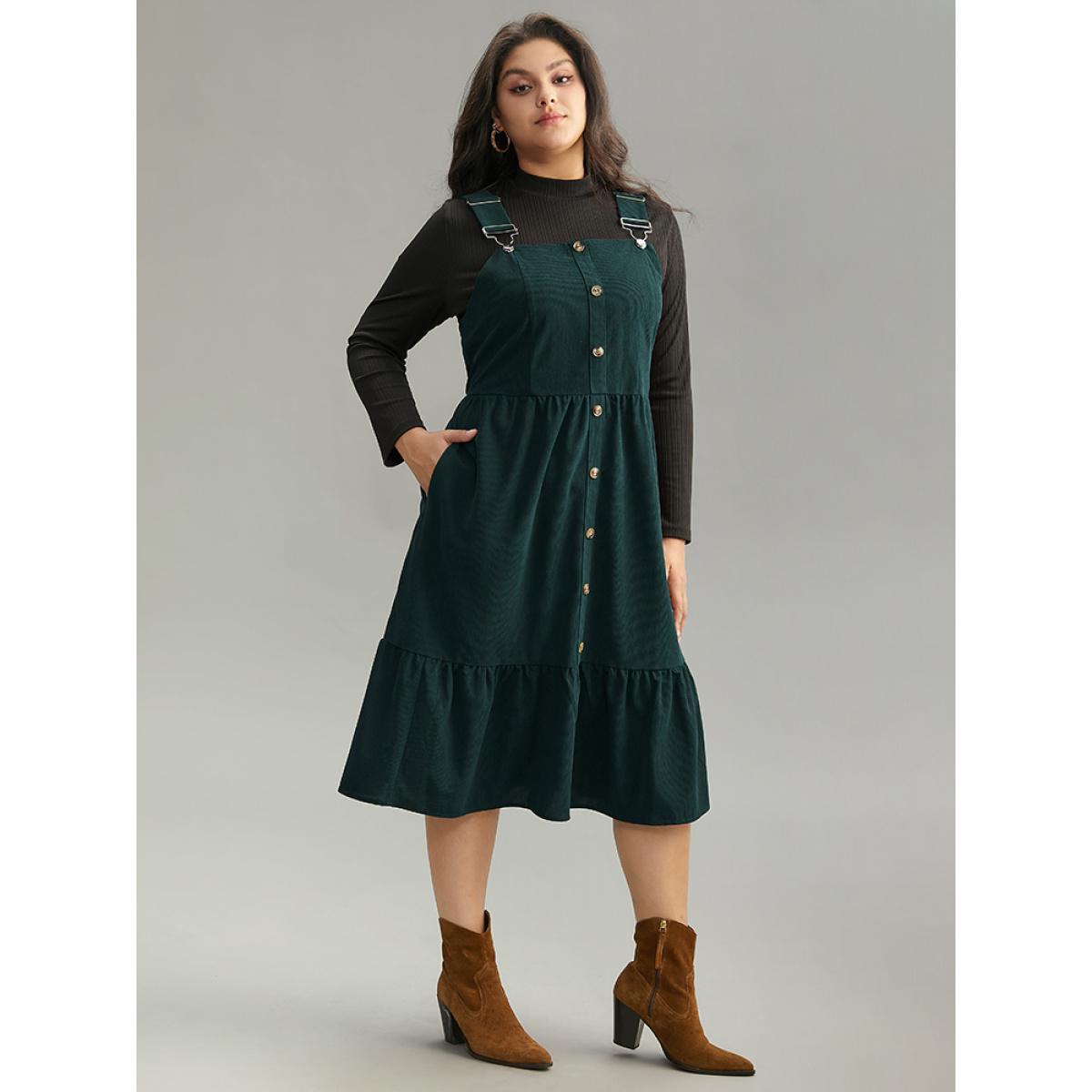 Plus Size Corduroy Button Detail Ruffles Adjustable Straps Dress DarkGreen Women Casual Adjustable Straps Spaghetti Strap Sleeveless Curvy Midi Dress BloomChic 14-16/1X Product Image