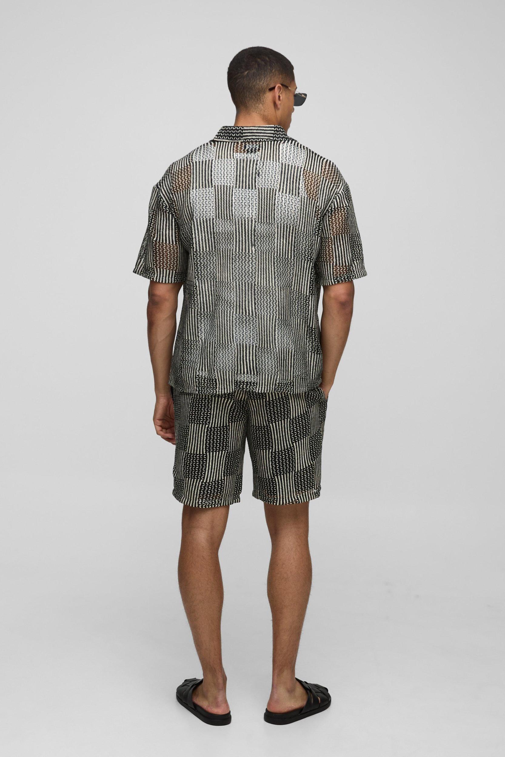 Oversized Open Weave Checkerboard Shirt & Relaxed Short Set | boohooMAN USA Product Image