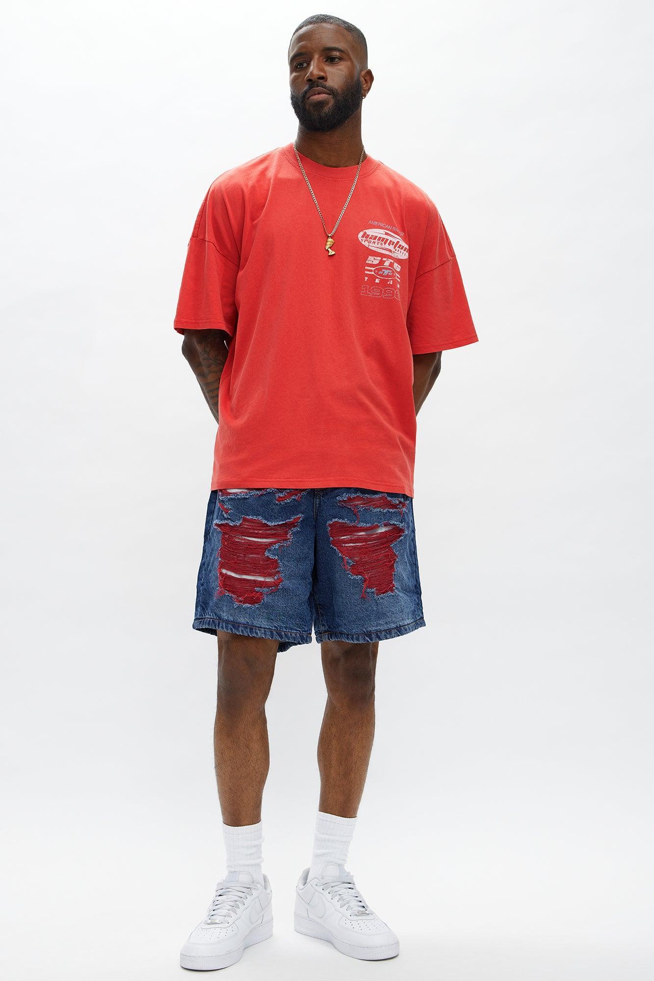 Relaxed We In These Streets Destroyed Denim Shorts - Dark Wash Product Image