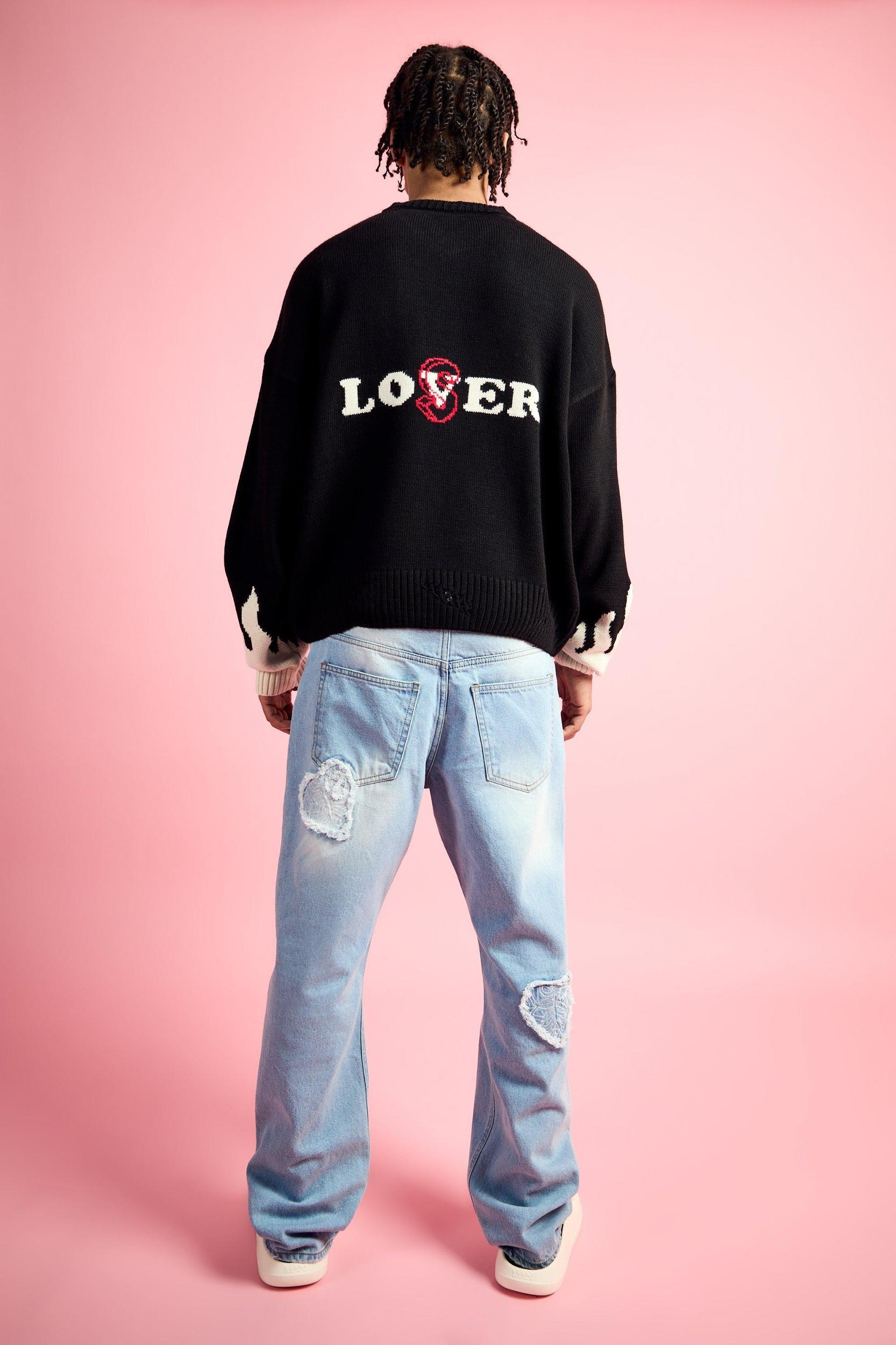 Boxy Drop Shoulder V Neck Graphic Sweater | boohooMAN USA Product Image