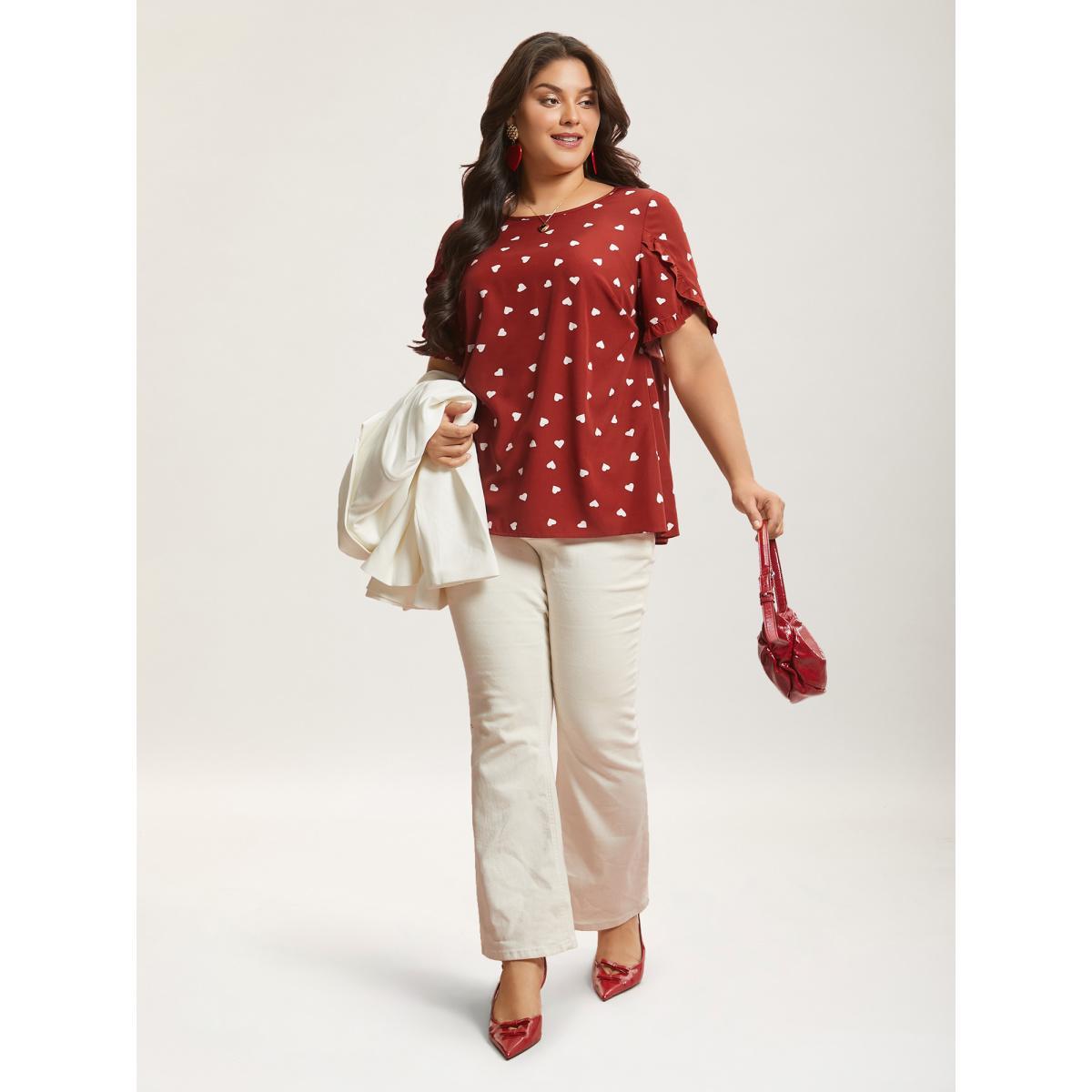 Plus Size Scarlet Ruffled Overlap Sleeve Heart Pattern Blouse Women Elegant Short sleeve Round Neck Everyday Blouses BloomChic 22-24/3X Product Image