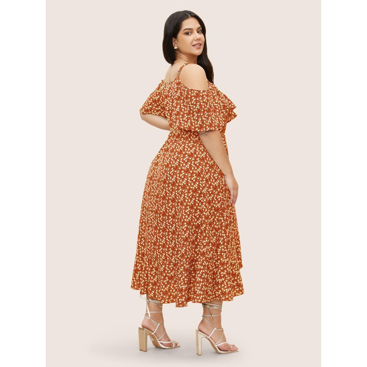 Plus Size Ditsy Floral Pocket Wrap Cold Shoulder Ruffle Dress OrangeRed Women Elegant Non Overlap Collar Short sleeve Curvy Midi Dress BloomChic 28/5X Product Image