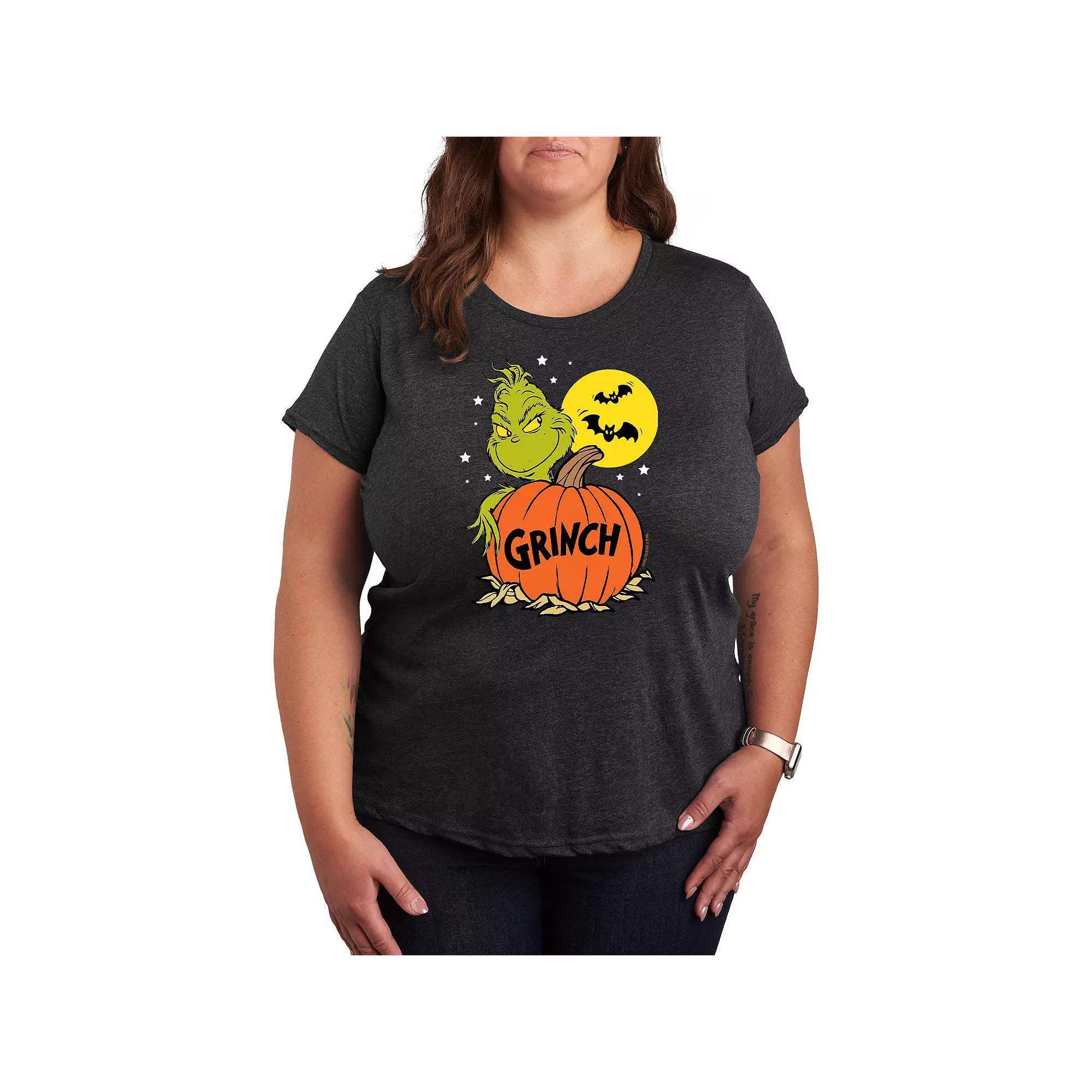 Plus Size Dr. Seuss Grinch Halloween Pumpkin Graphic Tee, Womens Heather Grey Product Image