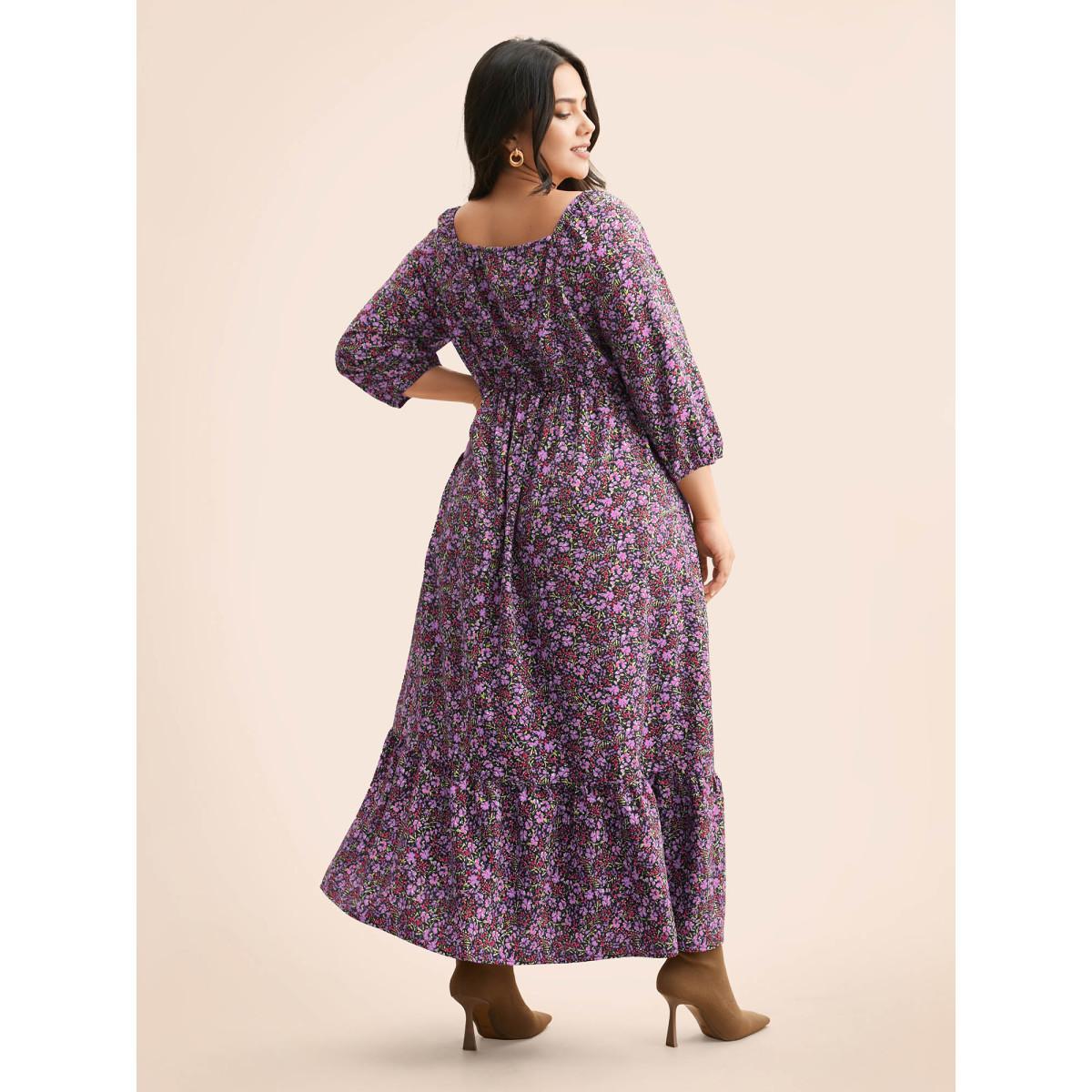 Plus Size Ditsy Floral Woven Ribbon Maxi Dress Lilac Women Elegant Woven ribbon&lace trim Heart neckline Elbow-length sleeve Curvy BloomChic 28/5X Product Image