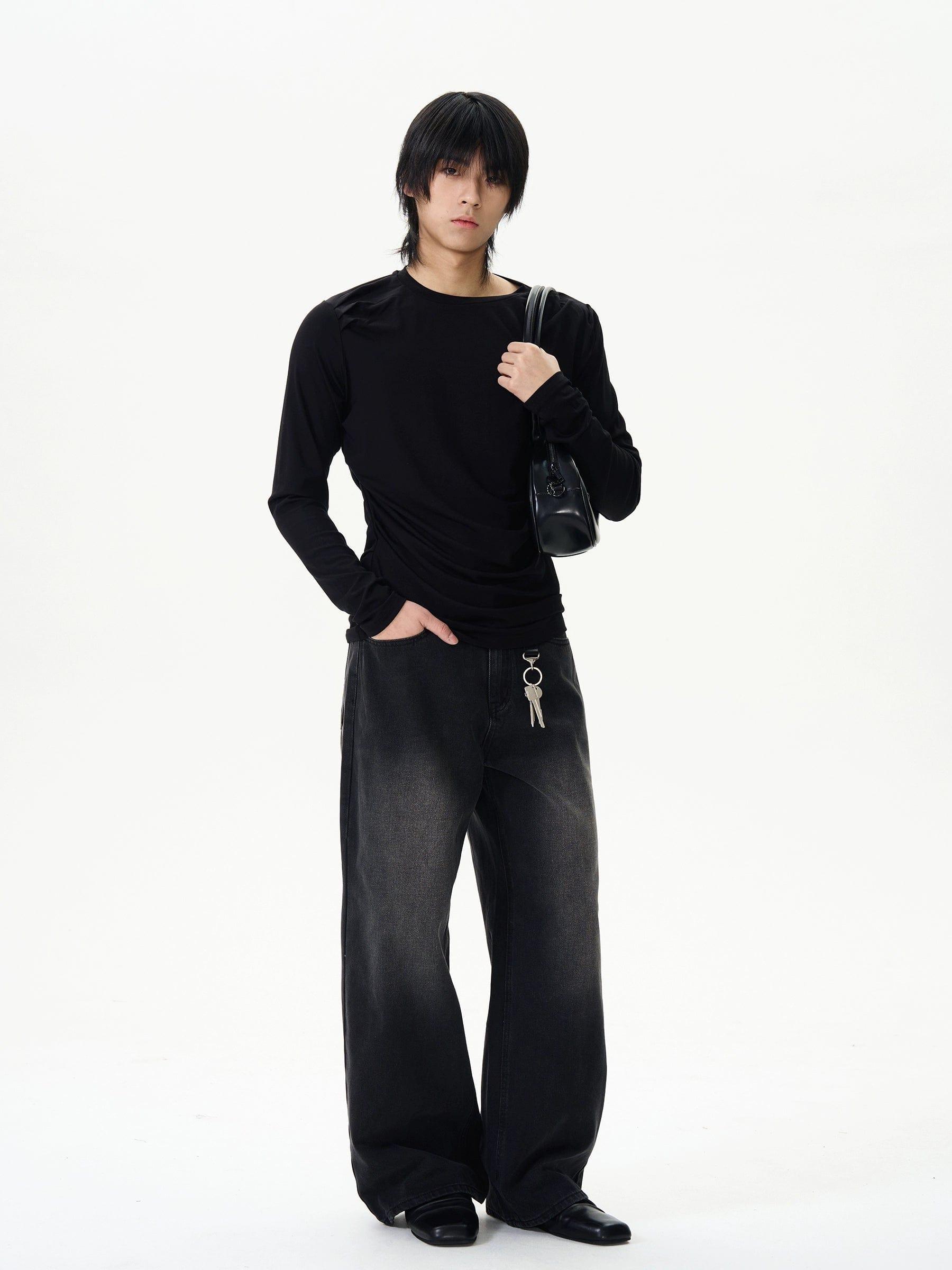 RT No. 12069 WASHED BLACK DENIM STRAIGHT JEANS Product Image