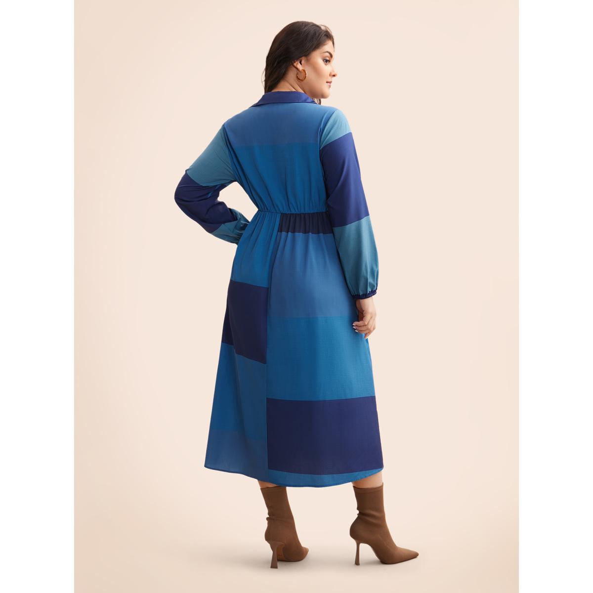 Plus Size Shirt Collar Colorblock Contrast Midi Dress DarkBlue Women Elegant Contrast Shirt collar Long Sleeve Curvy BloomChic 30/6X Product Image