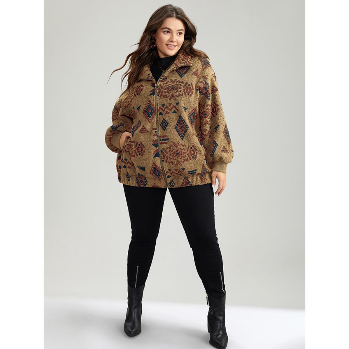 Plus Size Geometric Pocket Gathered Zipper Jacket Women Bronze Zipper Pocket Dailywear Jackets BloomChic 26/4X Product Image
