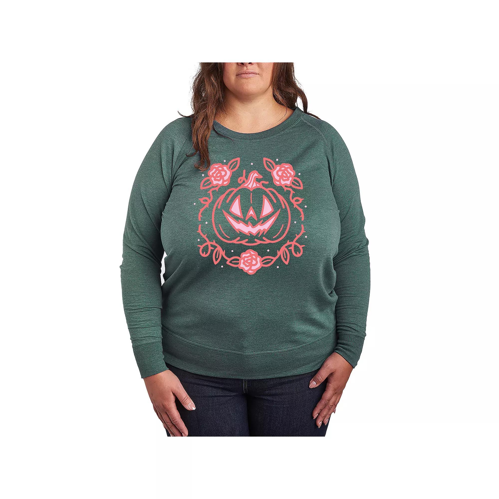 Plus Size Witch Cat With Pumpkin French Terry Long Sleeve Tee, Womens Grey Green Product Image
